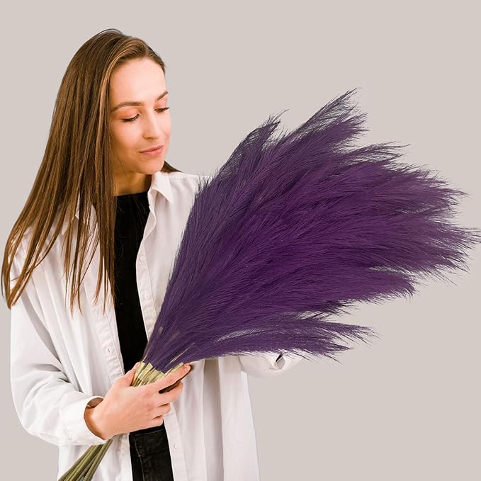 8 Pcs Deep Purple Tall Faux Pampas Grass Decor, 45 Inches Artificial Pampas Grass Bulk, Large Faux Pompas Dried Decor for Floor Vase Filler, Home Boho, Wedding Anniversaries, Baby Shower Decoration