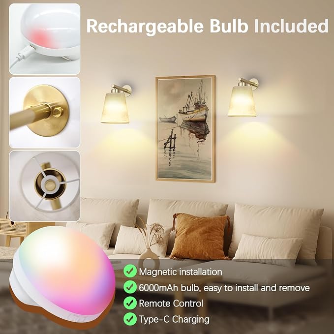 Battery Operated Wall Sconce Set of 2,Gold Rechargeable Wall Lights with Lampshade Dimmable RGB Bulbs and Remote,15 Colors Wireless Wall Lamps for Bedroom Living Room (Gold)