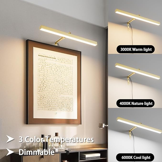Plug in Picture Lights for Wall, 16 inch Dimmable LED Art Light with Remote, 3 Colour Temperature Gallery Painting Wall Light for Picture Display Dartboard Art Work (Gold)