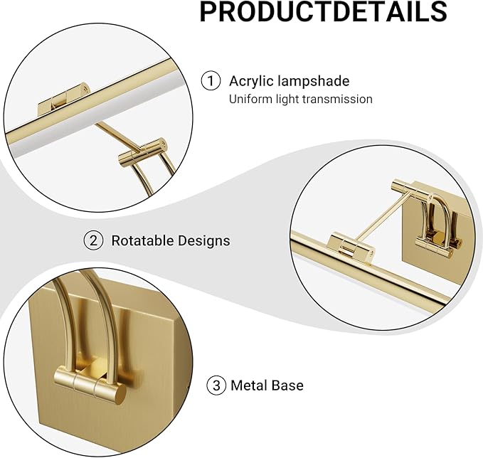 Tipace Hardwired Gold Picture Lights for Paintings - 15.7 inch 3CCT Dimmable Modern Gallery Light with Remote Control Led Wall Art Lighting Display Artwork