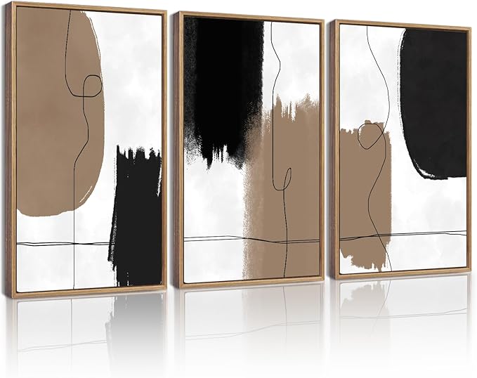 KUVIOKE Neutral Abstract Framed Wall Art Beige Mid Century Textured Wall Decor Minimalist Line Modern Illustrations Art Print Home Decor 12x16in (Natural Framed)