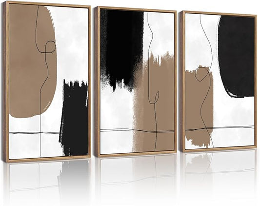 KUVIOKE Neutral Abstract Framed Wall Art Beige Mid Century Textured Wall Decor Minimalist Line Modern Illustrations Art Print Home Decor 12x16in (Natural Framed)