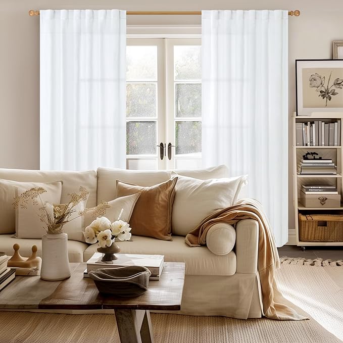 YoungsTex 84 Inch Length White Linen Curtains for Living Room, Semi Sheer Drapes with Rod Pocket Back Tab Light Filtering Window Treatments for Dining Bedroom, 52 X 84 Inch, 2 Panels