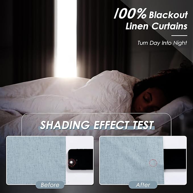 100% Blackout Linen Curtains for Bedroom Thermal Insulated Grommet Complete Blackout Drapes 80 Inch Length 2 Panels Set Heat and Full Light Blocking Living Room Darkening Curtains Blue
