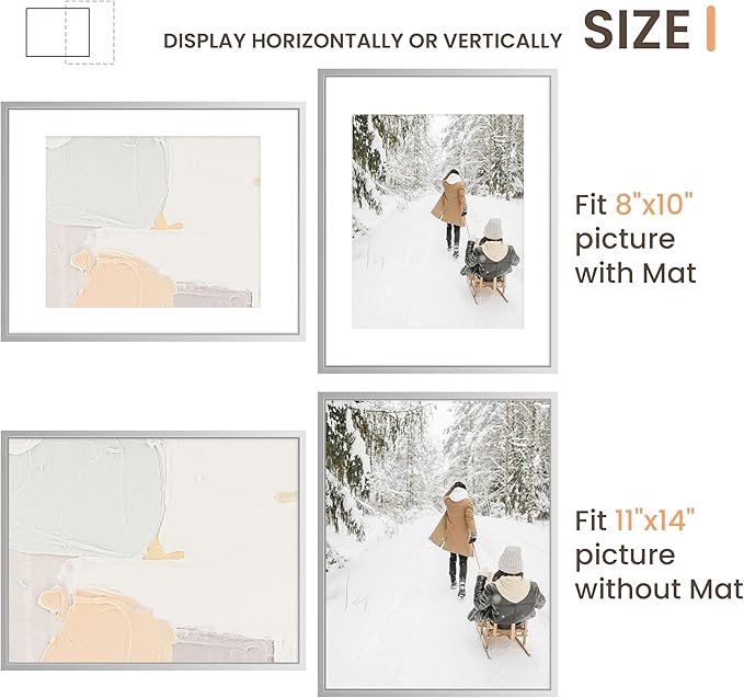 11x14 Aluminum Picture Frame Silver, 11 x 14 Metal Photo Frames with Removable Mat for 8 x 10 Photo, Metal Poster Frame Sawtooth Hanger for Easy Wall Display, Set of 1