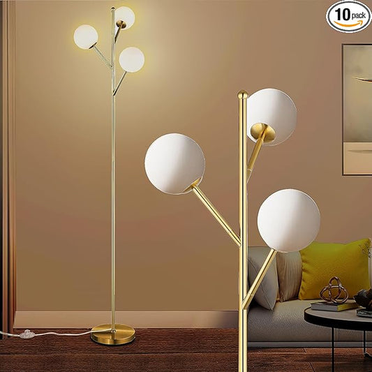 Globe Mid Century Tree Floor Lamp with 3 Light Bulbs,70in Tall Standing Glod Floor Lamp with Frosted Glass Shade for Living Room,Office,Bedroom, Study Room, Hotel, Antique Brass Lighting