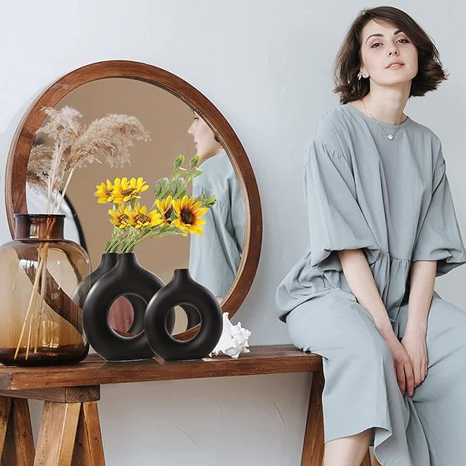 Black Ceramic Vases -for Modern Home Decor,Black Round Vase Set 3 Matte Design Minimalist Nordic Boho Style for Wedding Dinner Table Living Room Office Bedroom, Decorative Gift