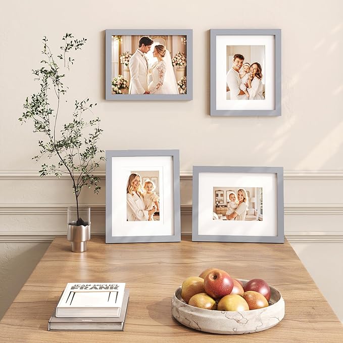 Egofine 8x10 Picture Frames 4 Pack Solid Wood Frames Covered by Plexiglass for Pictures 4x6 or 5x7 with Mat or 8x10 Without Mat, Photo Frames for Table Top and Wall Display, Light Gray