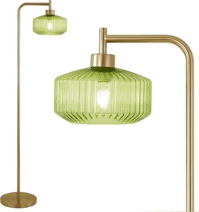 NanFeng Green Floor Lamp for Living Room,Mid Century Modern Standing Lamp Brass with Ribbed Green Globe Glass Lampshade Pedal Switch,Gold Tall Floor Lamps Vintage for Bedroom Study Room Art Deco Retro