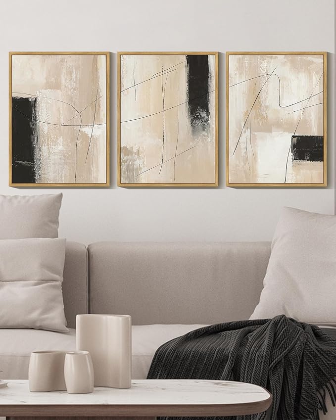 KUVIOKE Abstract Framed Wall Art Minimalist Beige Pastel Watercolor Neutral Wall Decor Modern Black Line Art Painting Home Decor 11x14in (Natural Framed)