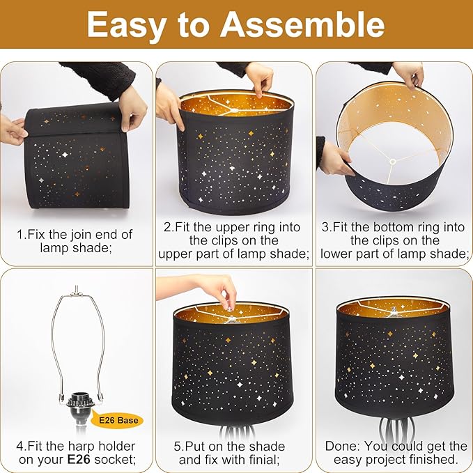 Black Drum Lampshades Set of 2 With Sky Stars Design, 11.6" x 12.6" x 9.8" for Table Lamp, Floor Lamp, Pendant Light - Easy Assembly Required