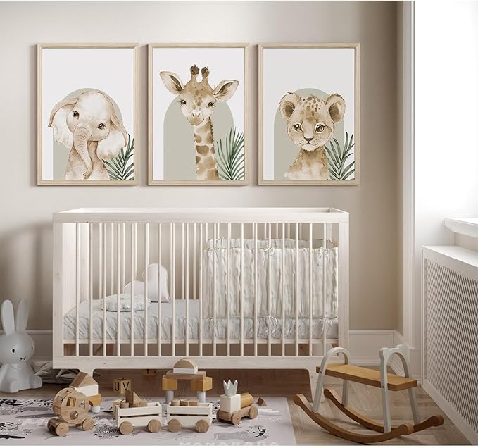 Animal Wall Art Pictures Baby Nursery Canvas Wall Art Decor Safari Animal Prints Jungle kids Wall Art Woodland Nursery Wall Decor Giraffe Jungle Poster for Room 16x24 Inch Wood Framed Set of 3