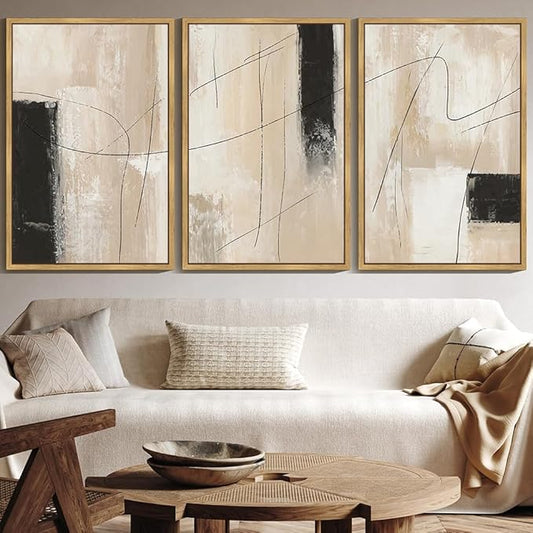 KUVIOKE Abstract Framed Wall Art Minimalist Beige Pastel Watercolor Neutral Wall Decor Modern Black Line Art Painting Home Decor 24x36in (Natural Framed)