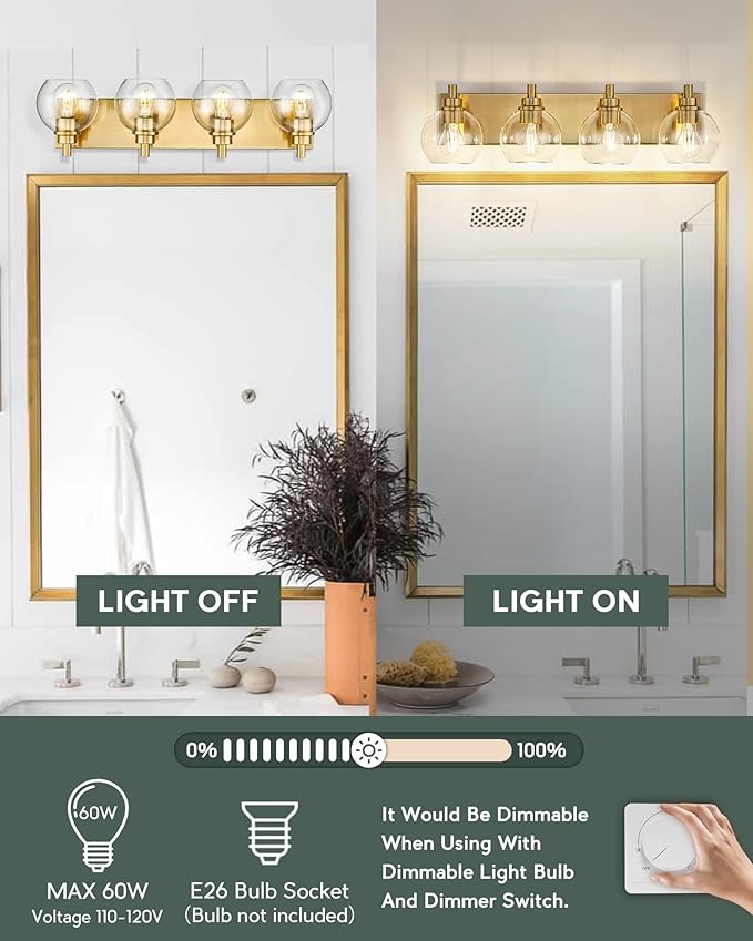 Bathroom Light Fixtures, 4 Light Brushed Gold Vanity Light, 26 Inch Modern Wall Sconces with Globe Clear Glass Shade, Vanity Lighting Fixtures Over Mirror, VL195-BG-CL-4