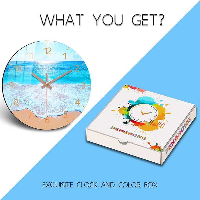 Modern Round Wall Clock 14 inch Wooden Beach Wall-Clock with Tempered Film Silent Analog Clock for Bedroom, Office, Living Room Decor