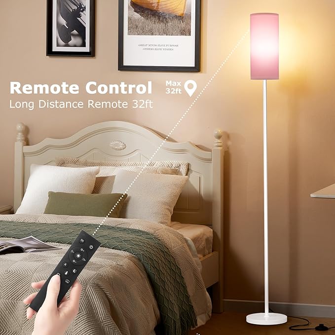 Ambimall 64'' Floor Lamps for Living Room with Remote Control and Stepless Dimmable Colors Temperature & Brightness, 9W Bulb Included(Pink Lampshade & White Pole)