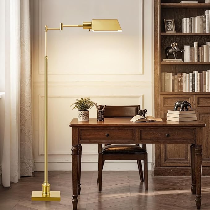GyroVu Traditional Height Adjustable Pharmacy Floor Lamp with 350° Swing Arm, 3 Color Temperature Adjustable Standing Lamp Metal Shade for Living Room Reading House Bedroom Home Office(Gold)