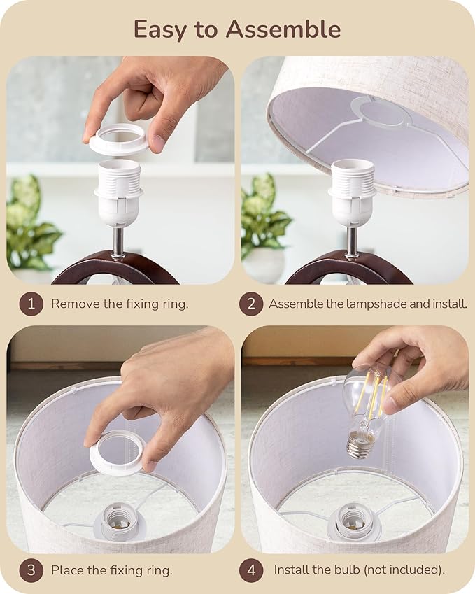 EDISHINE 13.4" Wood Table Lamp, Small Bedside Lamp with Beige Linen Lampshade & ON-Off Switch, E26 Base, Modern Nightstand Lamp for Living Room, Bedroom, Dark Walnut