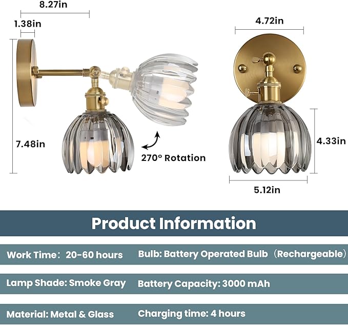 Battery Operated Wall Sconce Set of 2 with Smoke Gray Floral Glass Shade Vintage Wireless Wall Light with Remote Control for, Living Room, Bedroom and Bathroom Timer/Memory Function/Dimmer