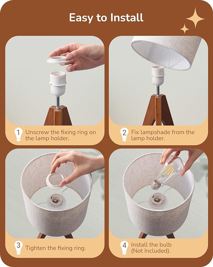 EDISHINE Small Table Lamp, Wooden Tripod Bedside Lamp with Linen Fabric Lampshade, 14.2" Nightstand Lamp for Bedroom, Living Room, Office, 2 Pack