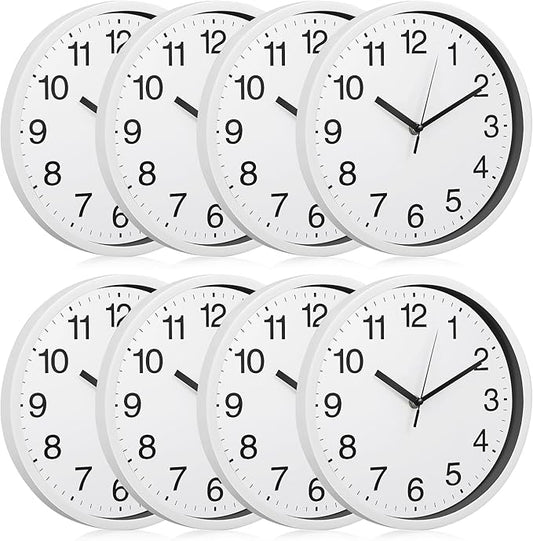 Inbagi 8 Pcs Wall Clock Large Silent Battery Operated Wall Clocks Modern Non Ticking Wall Clocks Bulk Decorative for Kitchen Office Living Room Home Bathroom Bedroom Classroom(White,10 Inch)
