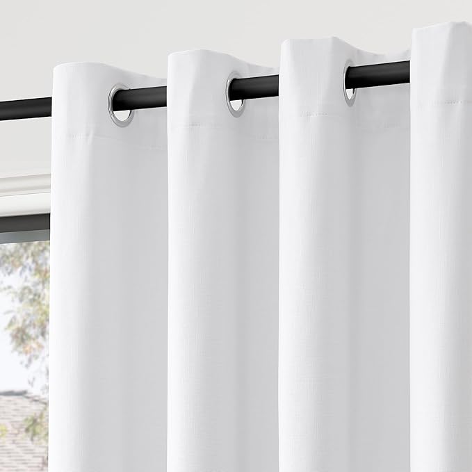 Pure White Linen Blackout Curtains 84 inches Long for Bedroom Modern Elegant White Black Out Curtains Textured Grommet Thermal Insulated Light Blocking Drapes for Living Room Patio Sliding Door