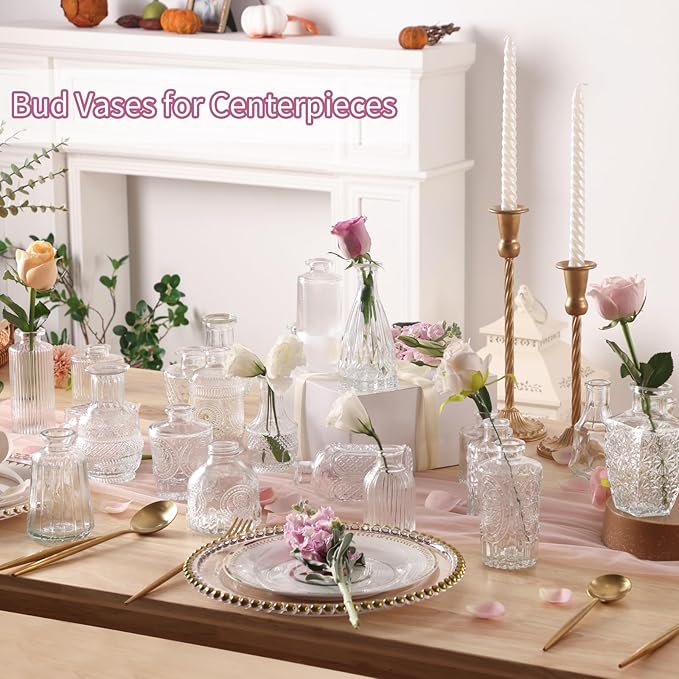 CUCUMI 24 Small, Glass Bud Vase Set for Flowers in Bulk for Rustic Wedding Decorations Vintage Look Home Table Decor, Centerpieces, Clear