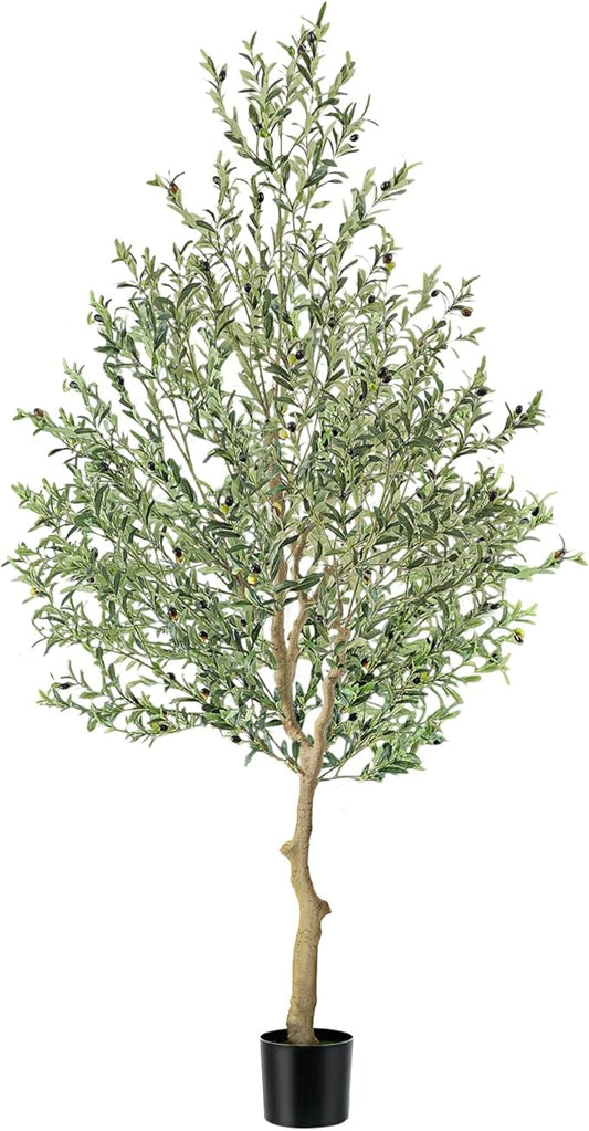 WILDLOVE 8ft Olive Trees Artificial Indoor, Natural Olive Branches and Realistic Leaves, Faux Olive Tree with Lifelike Fruits and Planter, Housewarming Gifts for Home Office Decor