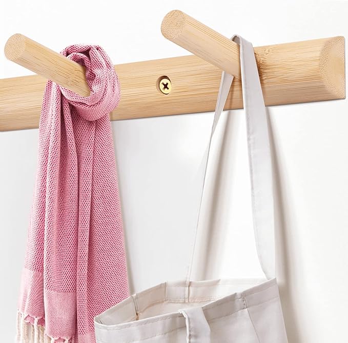 Homode Modern Bamboo Wooden Entryway Coat Hooks, Bathroom Kitchen Towel Rack, Wall Mounted Coat Rack Hat Hanger with 4 Hanging Pegs (Natural)