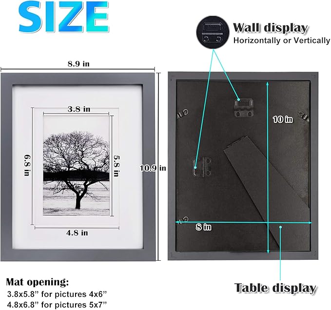 Egofine 8x10 Picture Frames 4 Pack - Wood Frames Covered by Plexiglass for Pictures 4x6 or 5x7 with Mat or 8x10 Without Mat, Photo Frames for Table Top and Wall Display, Dark Gray