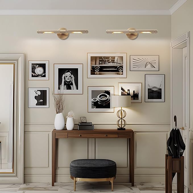 Brushed Brass Picture Lights for Wall,19 Inch Hardwired Knurled Gallery Light, Rotatable 360° Modern Gold Wall Lights for Pictures Bathroom Living Room Bedroom, E12 Bulbs Included(1 Pack)