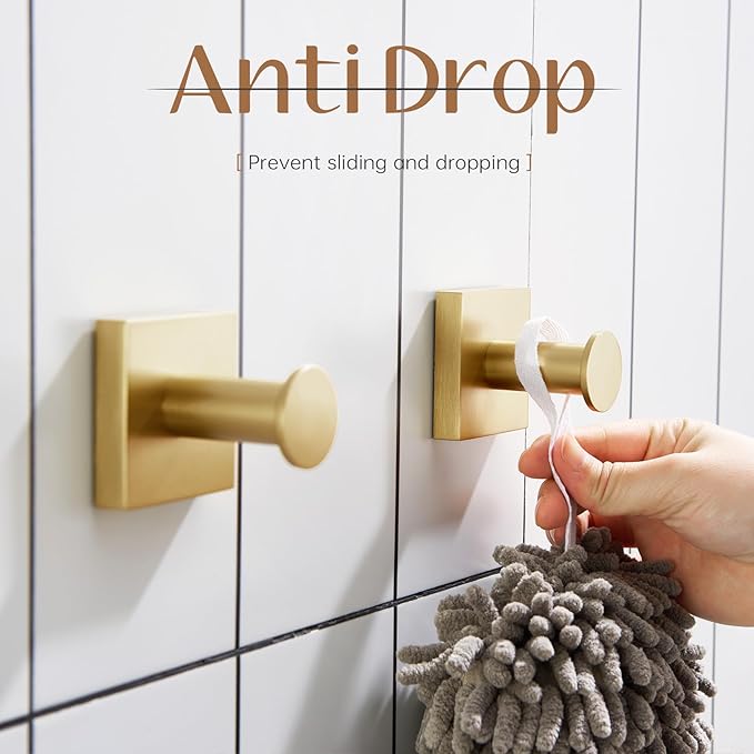 KOKOSIRI Bath Towel Hooks for Shower Wall Hanging Towels Bathroom Robe Hooks for Door Kitchen Closet Brushed Gold Stainless Steel 3 Pack, B1016BG-P3