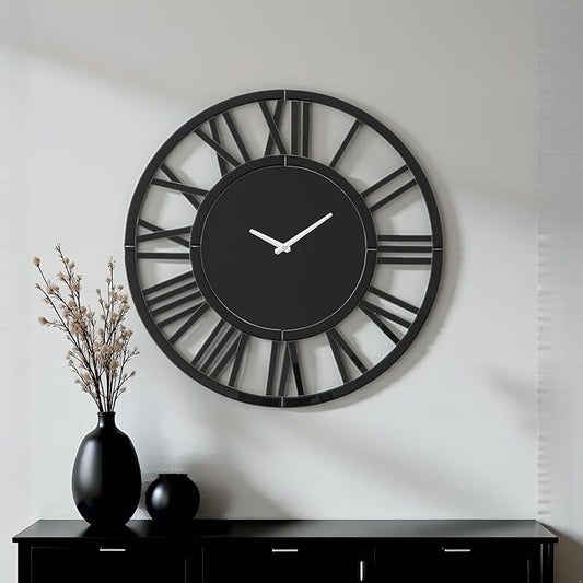 SHYFOY 24" Large Black Mirror Wall Clock - Modern Roman Numeral Decorative Wall Clock for Living Room, Bedroom, Office - Silent Non-Ticking, Easy to Hang