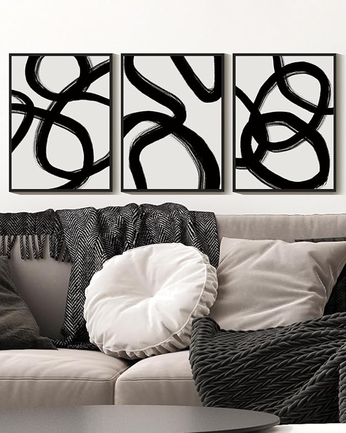 KUVIOKE Black and White Abstract Framed Wall Art Minimalist Ink Wash Lines Painting Artwork for Bedroom Hallway 11x14in (Black Framed)