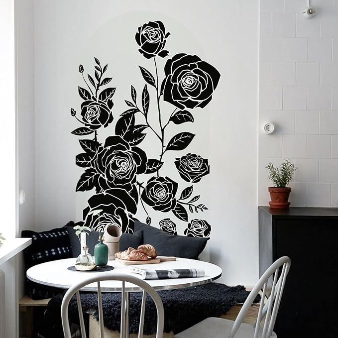 Large Arch Wall Decal Peel and Stick Black Rose Floral Accent Wall Stickers Self-Adhesive Modern Boho Floral Decal Vinyl Arch Wall Art for Headboard Living Room Bedroom Door Decor 63x 34.6IN