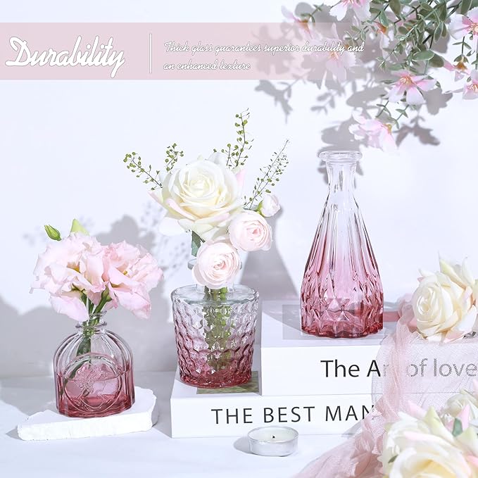 Pink Day Glass Bud Vase Set of 5, Small Flower Vases for Centerpieces in Bulk, Mini Vintage Vase for Wedding Decor, Single Flowers, and Home Table Décor