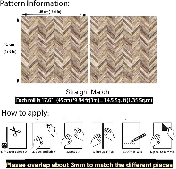 Handpainting Peel and Stick Wallpaper Herringbone Wood Panel Self-Adhesive Prepasted Wallpaper Wall Mural 17.7in x 9.8ft