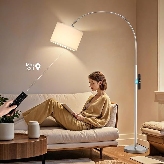 Ambimall Dimmable Arc Floor Lamp with Remote, Color Temperatures and Brightness Adjustable, Arched Floor Lamp with Rotating Head, Over Couch Arched Reading Light for Living Room (White and Silver)