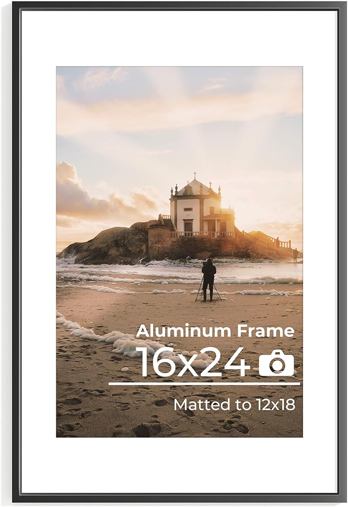 16x24 Metal Picture Frame, 16x24 Thin Aluminum Photo Frames with 12x18 Removable Mat, High End Metal Poster Frame, Ideal for Wall or Tabletop Display, Black, Set of 1