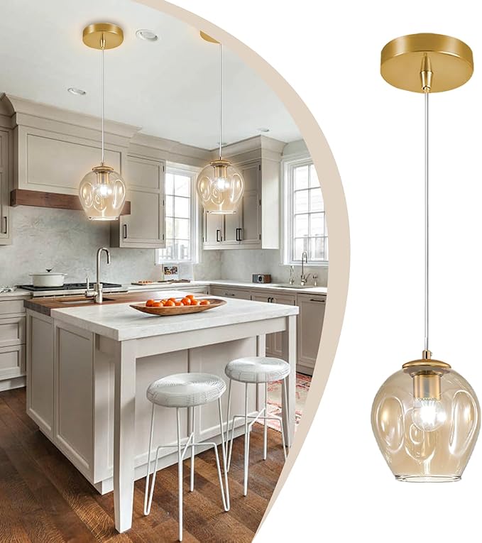 1-Light Hanging Light Fixtures Pendant Lights Kitchen Island Hand Blown Modern Glass Chandelier for Living Room Coffee Bar (Gold+Amber)