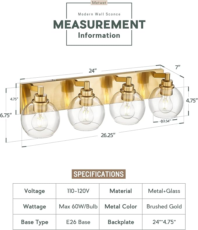 Bathroom Light Fixtures, 4 Light Brushed Gold Vanity Light, 26 Inch Modern Wall Sconces with Globe Clear Glass Shade, Vanity Lighting Fixtures Over Mirror, VL195-BG-CL-4