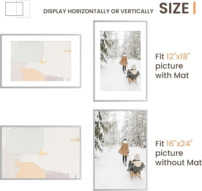 16x24 Metal Picture Frame, 16x24 Thin Aluminum Photo Frames with 12x18 Removable Mat, High End Metal Poster Frame, Ideal for Wall or Tabletop Display, Silver, Set of 1