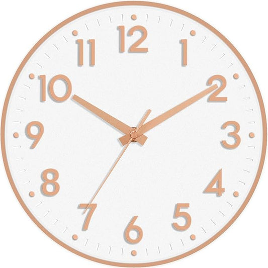 Mosewa Wall Clock 10 Inch, Battery Operated Silent Non-Ticking Modern Analog Clock Decorative for Kitchen, Bedroom, Office, Living Room(Rose Gold)