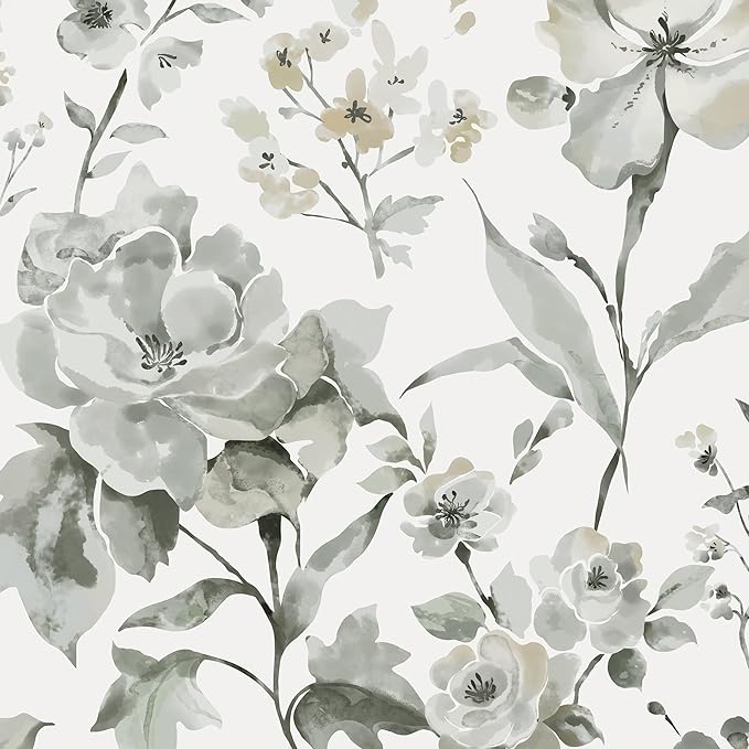 Vinjiasin Wallpaper Peel and Stick Black and White Ink Floral Contact Paper Vintage Flower Leaf Wall Paper for Bathroom Bedroom Self Adhesive Removable 16.1"x 118"