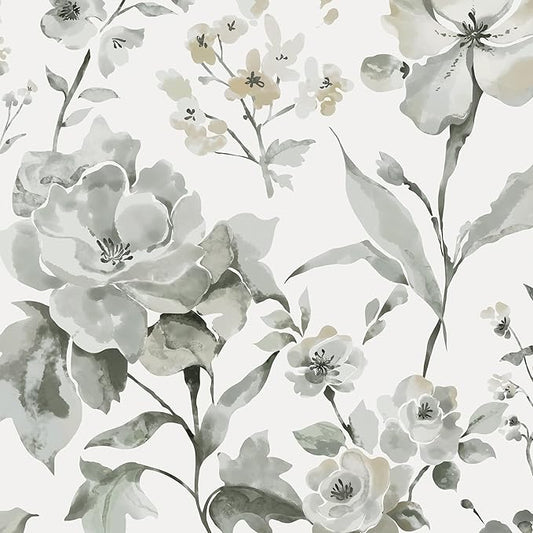 Vinjiasin Wallpaper Peel and Stick Black and White Ink Floral Contact Paper Vintage Flower Leaf Wall Paper for Bathroom Bedroom Self Adhesive Removable 16.1"x 118"