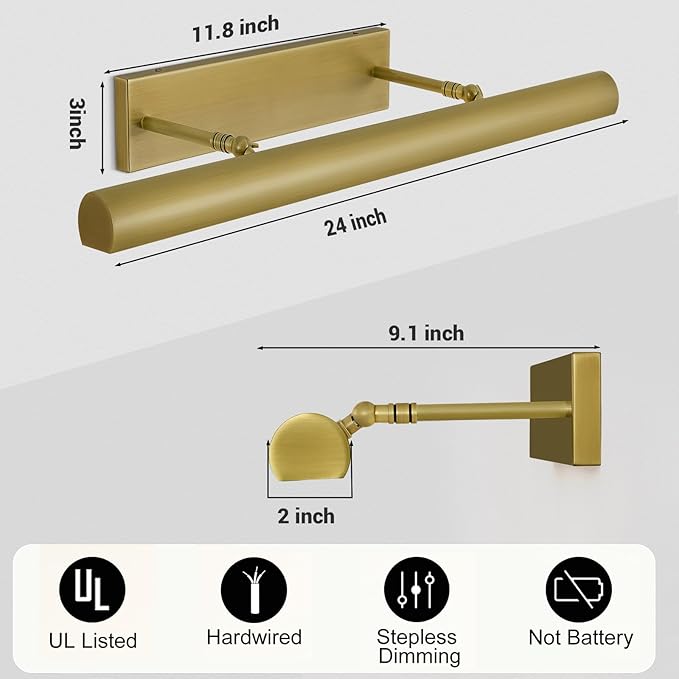 Brass Picture Lights for Wall, 24" Linear Picture Light Hardwired, 3-Light Brush Gold Art Light, Warm White 2700k Dimmable Picture Lamp, 270° Picture Frame Light for Bathroom, Living Room, Hallway