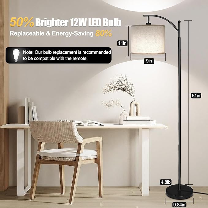 LED Floor Lamps for Living Room, 12W Modern Arc Floor Lamp with Remote & Adjustable Linen Lampshade, Stepless Dimmable Tall Standing Lamp for Bedroom Office Reading (Grey Shade)