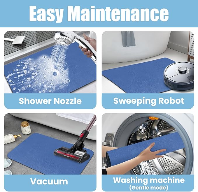 Diatomaceous Earth Bath mat Bathroom Rugs Super Absorbent Quick Dry Non Slip Bath Mat Thin Bathroom Floor Mats Fit Under Door-Shower Rug for in Front of Bathtub Shower, Blue, 15.7"*23.6"