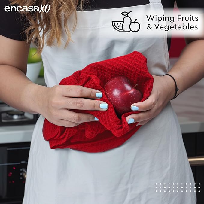 Encasa XO Kitchen Dish Towels Set | Red | Waffle Weave and Flat Hand Tea Towel | 28&quot;x18&quot; | Quick Drying Reusable Cotton Washcloths | Multipurpose Lightweight Dishcloths Set of 4