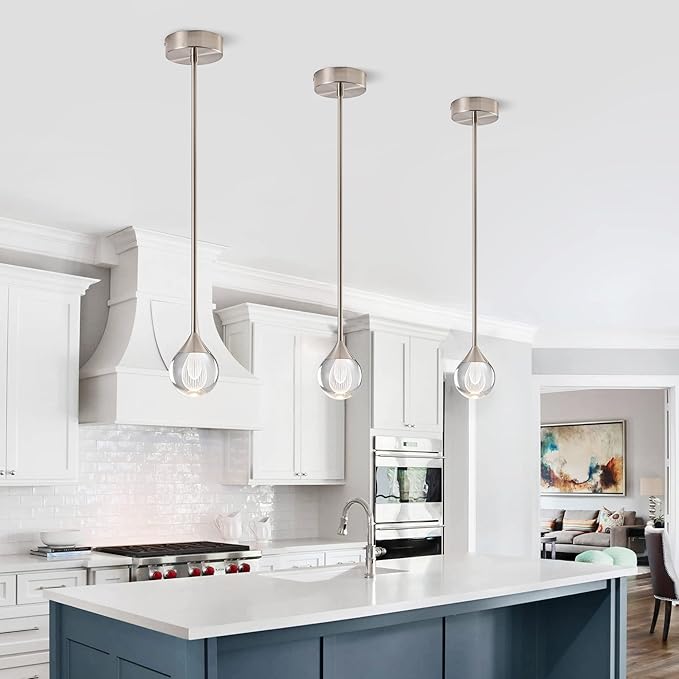 1-Light Teardrop Crystal Pendant Light, Mini LED Crystal Globe Hanging Light Fixture, Modern Ceiling Pendant Lighting for Kitchen Island Dining Room Bedroom Bar 3000K 8W Brush Nickel